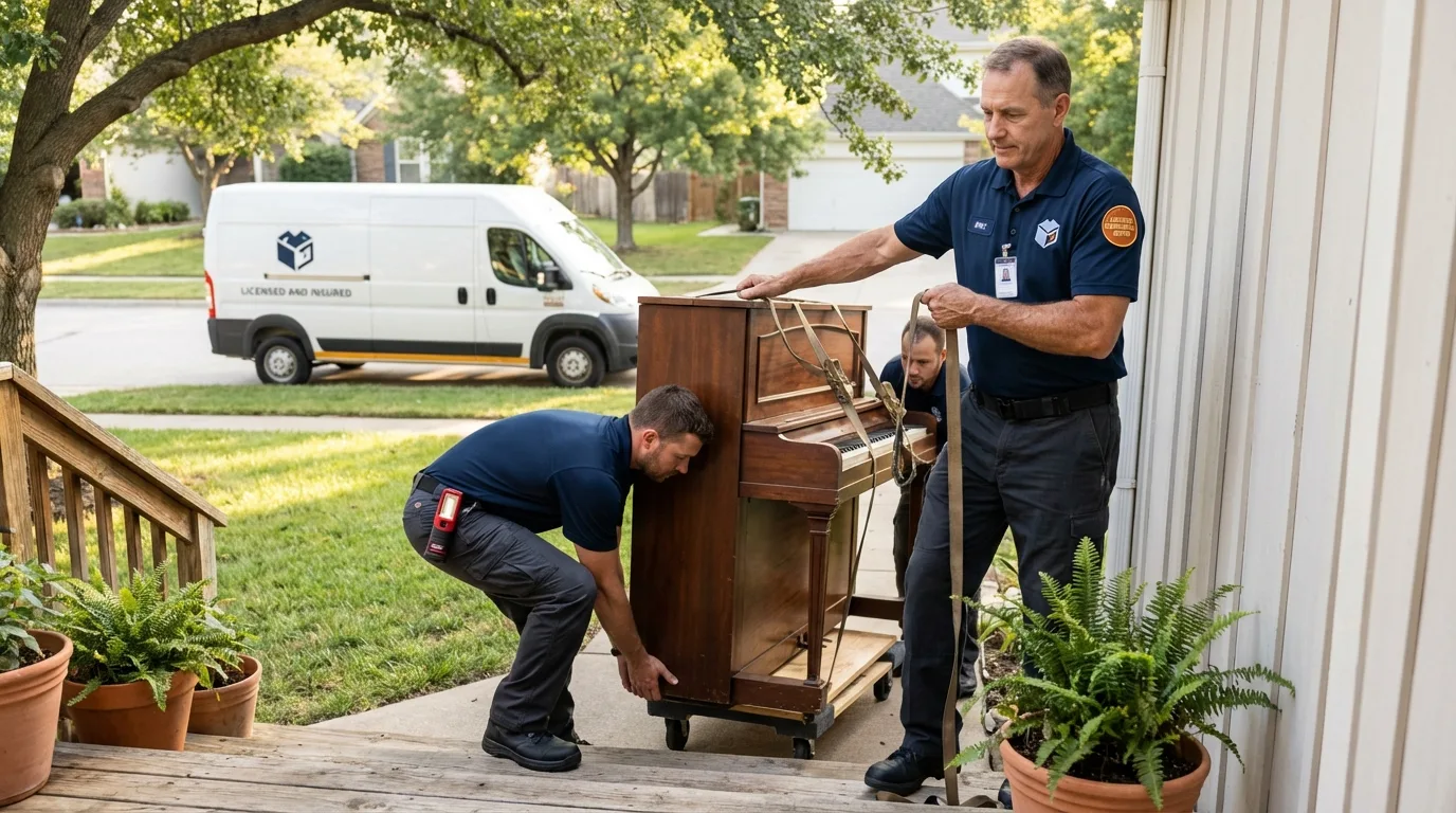 Licensed piano movers securing grand piano in Westport, CT