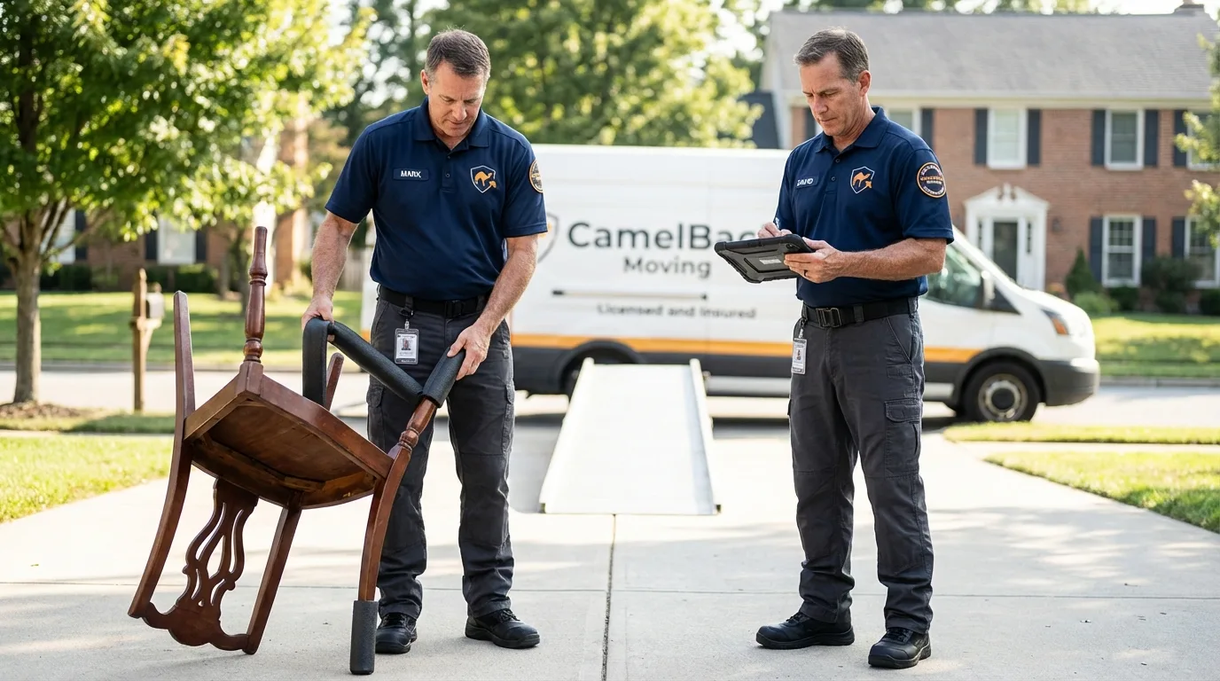Movers inspecting furniture for damage prevention before loading in Westport, CT