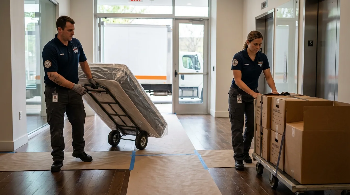 Professional apartment movers loading elevator in Westport, CT