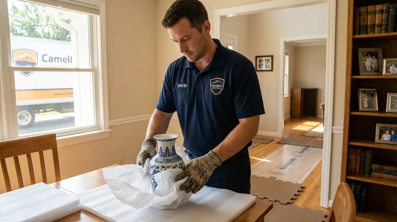 Professional crew carefully wrapping antique vase for senior downsizing move in Westport, CT